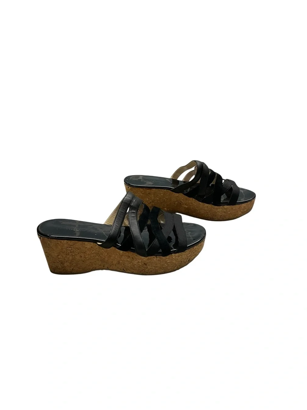 Y2K Jimmy Choo Patent Black Leather Cork Platform Wedge Sandals 42